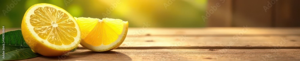 Thick lemon segment, sunlit wood grain backdrop, photography, sunlit Thick lemon segment, sunlit wood grain backdrop, photography, sunlit