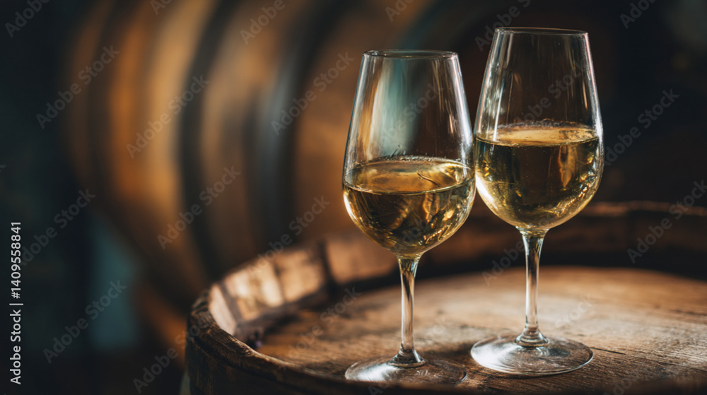 Two elegant glasses of white wine placed on a wooden barrel in a dimly lit wine cellar with copy space