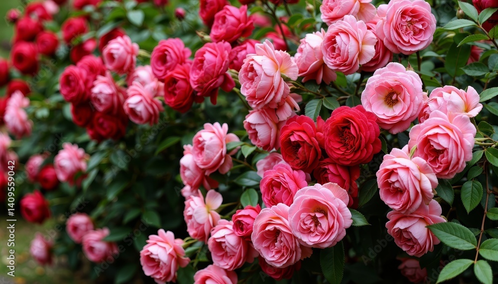 Vibrant pink and red roses blooming in a lush garden Vibrant pink and red roses blooming in a lush garden