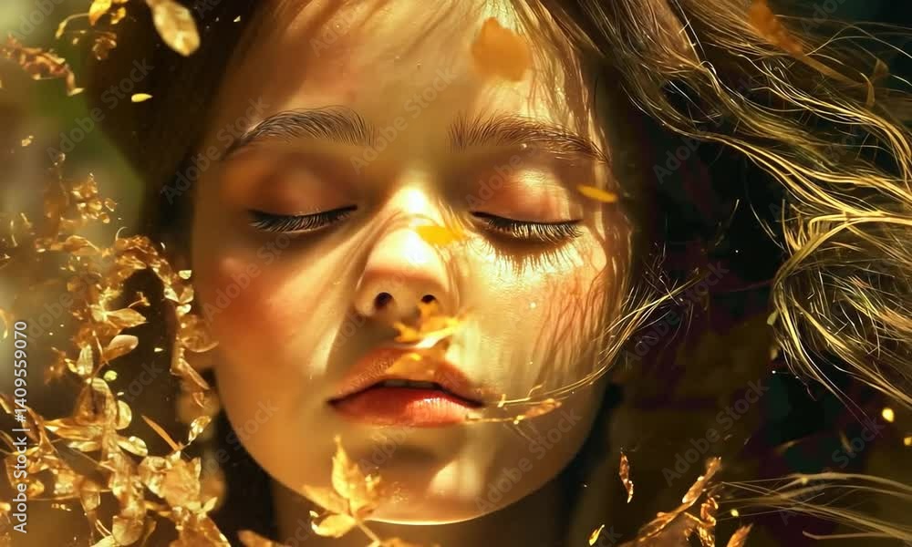 Serene young girl with flowing hair surrounded by golden leaves and sunlight, evoking tranquility Serene young girl with flowing hair surrounded by golden leaves and sunlight, evoking tranquility