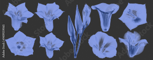 Transparent Floral X-Ray Set with Blue Grunge Effect and Vintage Halftone Elements for Botanical Illustrations and Y2K Inspired Graphic Designs in Dark Aesthetic Style.