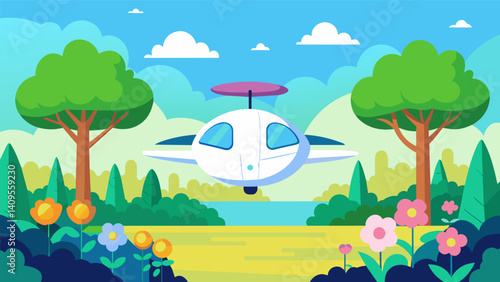 Against a backdrop of towering trees and blooming flowers an ecofriendly air taxi hovers silently over a quiet park leaving no disturbance in its wake.. Vector illustration