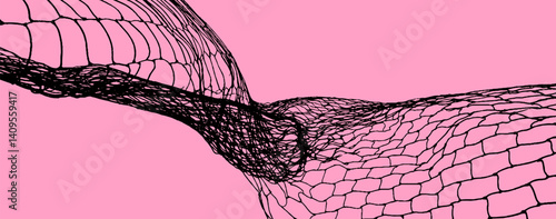 Vibrant Pink and Black Grunge Punk Maximalist Design Featuring Broken Wire Mesh Elements Isolated on White Background Illustrating Freedom and Industrial Structure.