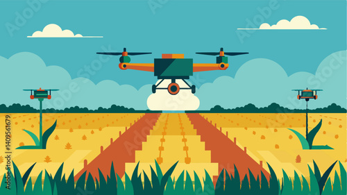 Gone are the days of manually walking through fields with heavy equipment drones make spraying crops effortless and efficient.. Vector illustration