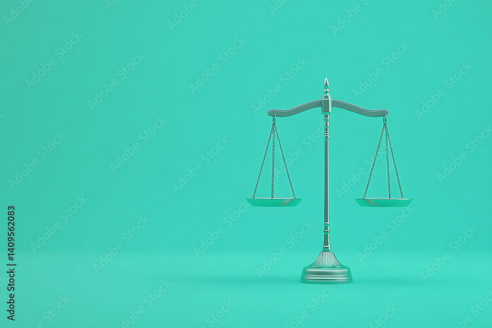 Silver scales of justice balanced on teal background seeking fairness and equality Silver scales of justice balanced on teal background seeking fairness and equality
