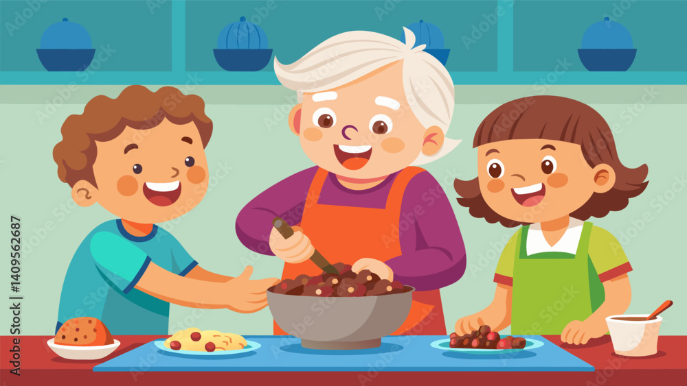 In a small quaint kitchen a grandmother and her grandchildren laugh and joke as they mix together a variety of crushed nuts and dried fruits to create their signature energypacked. Vector illustration