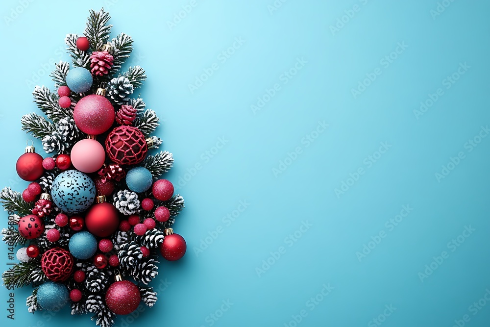 Snowy Evergreen Branch with Red & Blue Ornaments and Pinecones on Light Blue Background Snowy Evergreen Branch with Red & Blue Ornaments and Pinecones on Light Blue Background