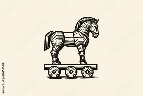 Engraved Trojan horse on wheels in bold black and white vector style