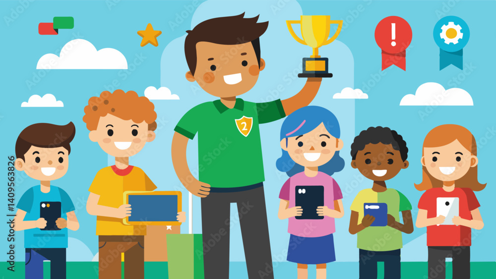 A school event where children showcase their individually created games to their peers receiving recognition for their creativity and coding skills.. Vector illustration A school event where children showcase their individually created games to their peers receiving recognition for their creativity and coding skills.. Vector illustration