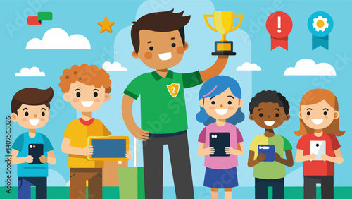 A school event where children showcase their individually created games to their peers receiving recognition for their creativity and coding skills.. Vector illustration