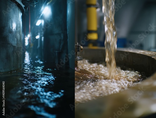 Wallpaper Mural Industrial liquid processing with water flow between tanks, conveying treatment, manufacturing, or a specialized system in a dim facility. Torontodigital.ca