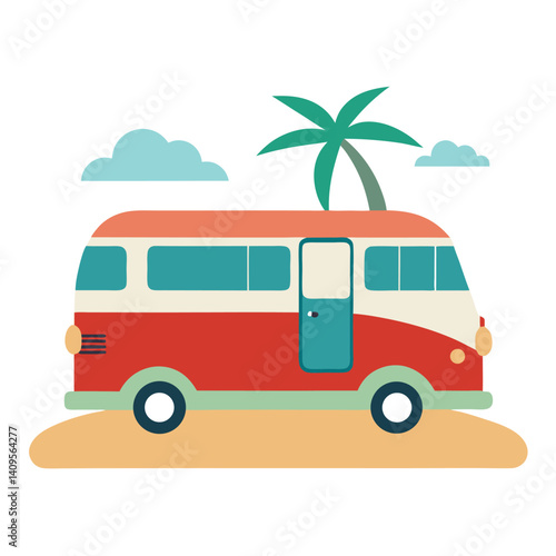 Retro Camper Van Beach Scene Classic Road Trip Vacation Vector Art Design  