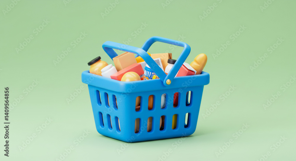 Fototapeta premium Colorful shopping basket filled with various groceries arranged on a light green background