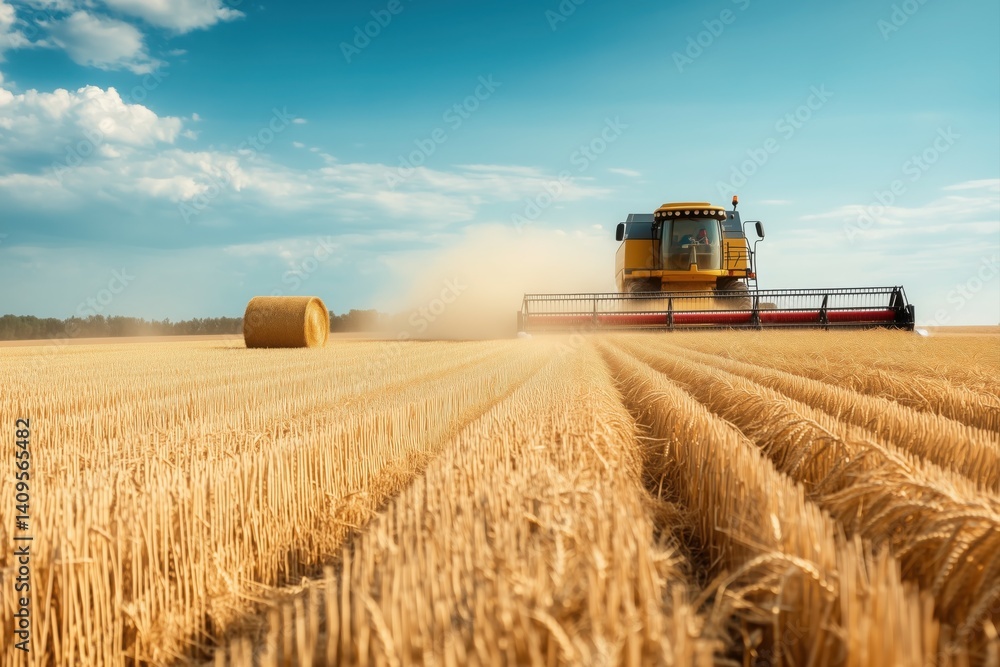 Fototapeta premium A massive combine harvester working through a golden wheat field, kicking up dust as it collects the crops.