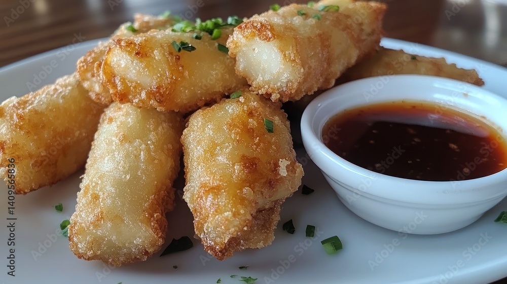 Crispy fried cheese sticks served with spicy dipping sauce on a white plate. Crispy fried cheese sticks served with spicy dipping sauce on a white plate.