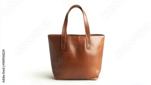 A brown leather tote bag on a white background. Fashionable accessory.