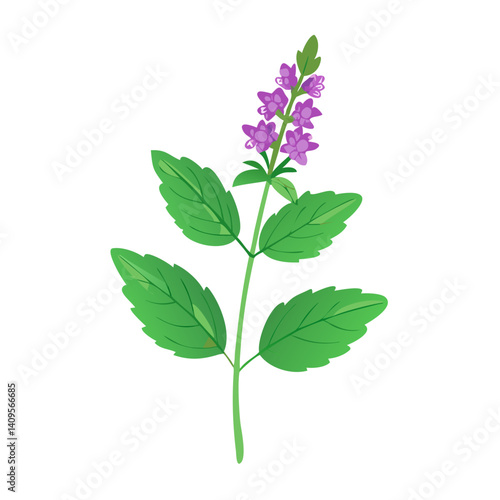 Cartoon Spearmint Plant with Flowers Isolated on Black