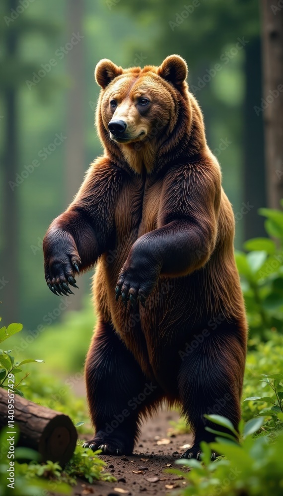 Grizzly bear standing on its hind legs in the forest with visible muscles and claws, silhouette, nature, furry animal Grizzly bear standing on its hind legs in the forest with visible muscles and claws, silhouette, nature, furry animal