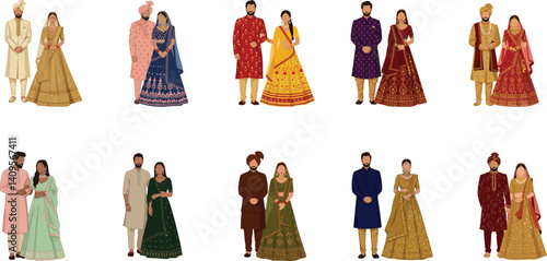 10 Pairs Wearing Ornate Indian Traditional Attire Featuring Sherwanis, Kurtas, Sarees, and Lehengas