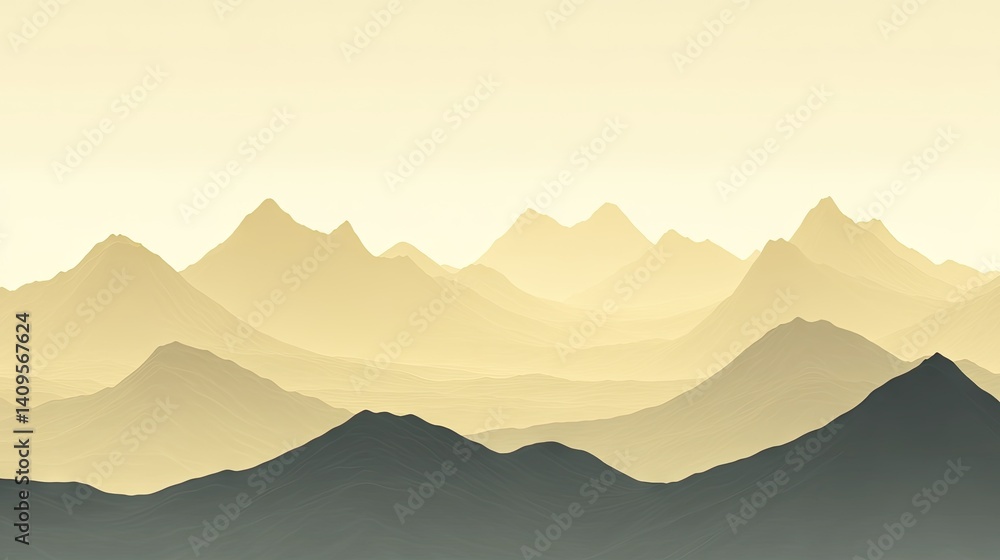 Naklejka premium Pale, hazy mountain range silhouettes against a light golden sky.