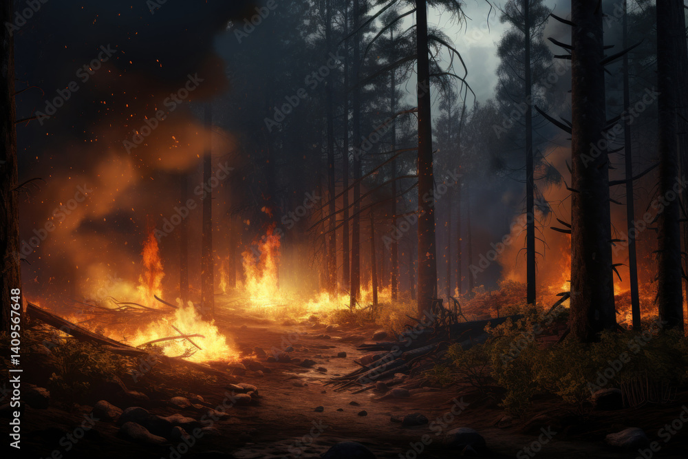 a forest fire in a forest with lots of trees, a forest fire in a forest with lots of trees,