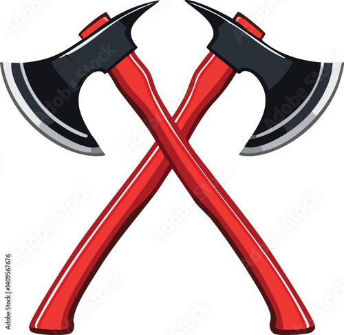 axe and ax; Vector Realistic Firefighter Tools Featuring Crossed Axes with Shiny Blades and Rubber Grips