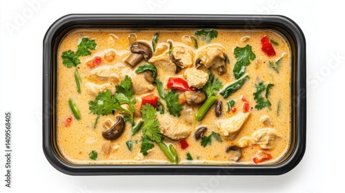 Delicious Thai Coconut Curry with Chicken, Fresh Vegetables, and Aromatic Herbs in a Takeout Container on a White Background