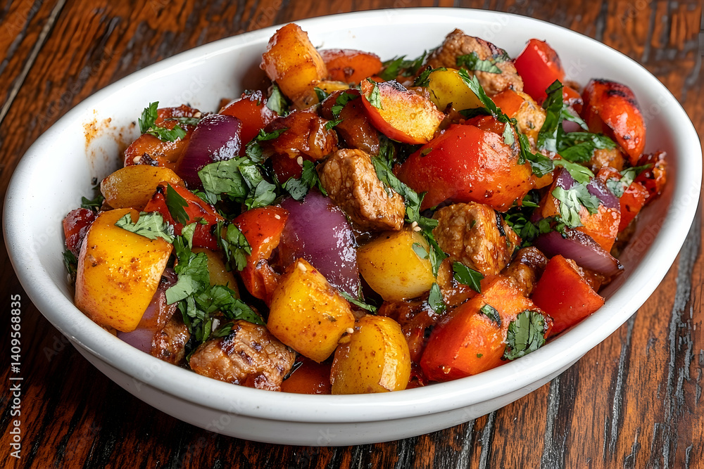 Roasted vegetables and seasoned meats in an oval dish. Roasted vegetables and seasoned meats in an oval dish.