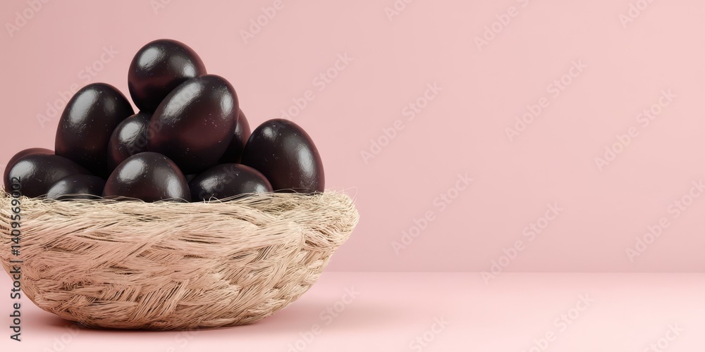 A basket full of black eggs is on a pink background