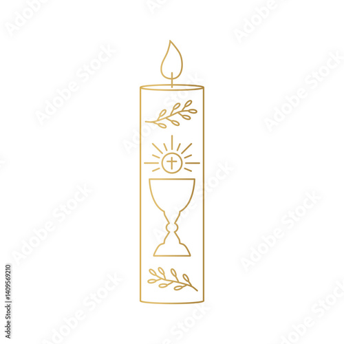golden First Holy Communion candle icon; perfect for religious invitations, sacramental decorations, church programs, or faith-based designs- vector illustration