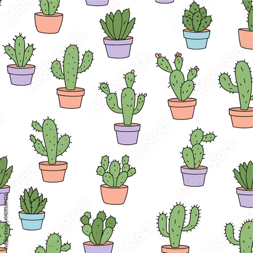 Desert Botanical Garden: A vibrant illustration showcases a captivating arrangement of cacti, each potted in a colorful container.