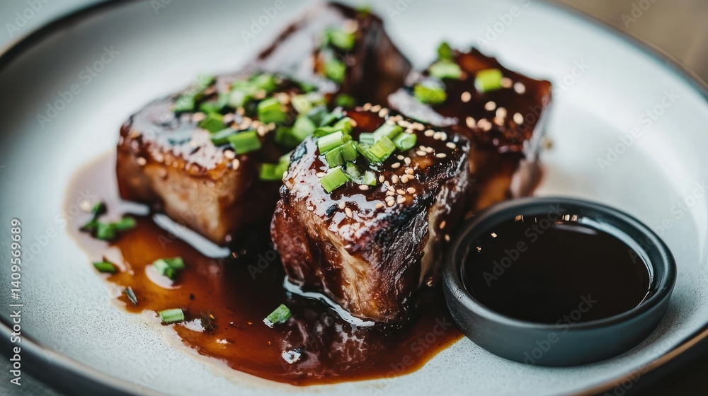 Tender, glazed pork cubes, drizzled with savory sauce, garnished with green onions and sesame seeds, served on a plate. Tender, glazed pork cubes, drizzled with savory sauce, garnished with green onions and sesame seeds, served on a plate.