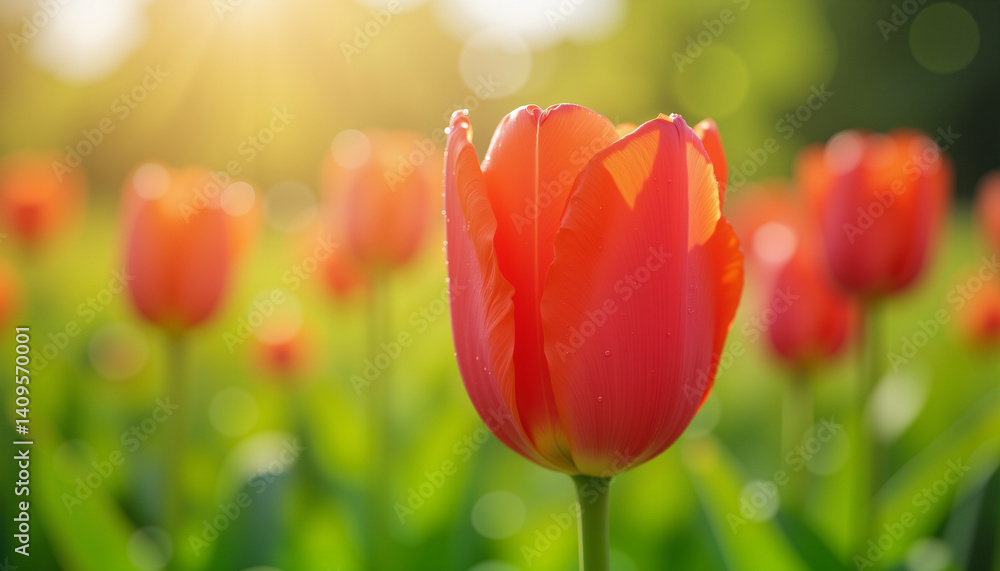 Fototapeta premium Single red tulip illuminated by morning sun in lush garden, beauty