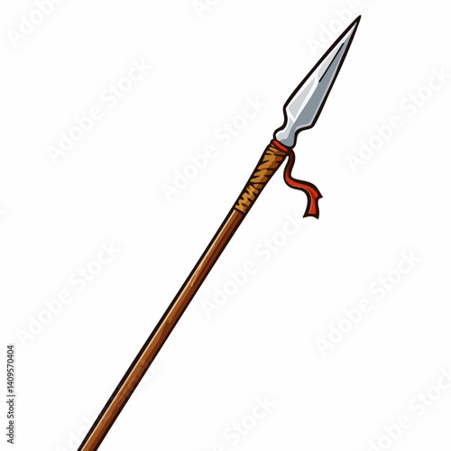 Wooden Spear with Metal Tip and Binding. Vector Image