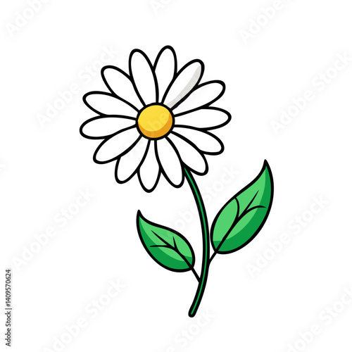 Minimalist cartoon flower icon with green leaves isolated
