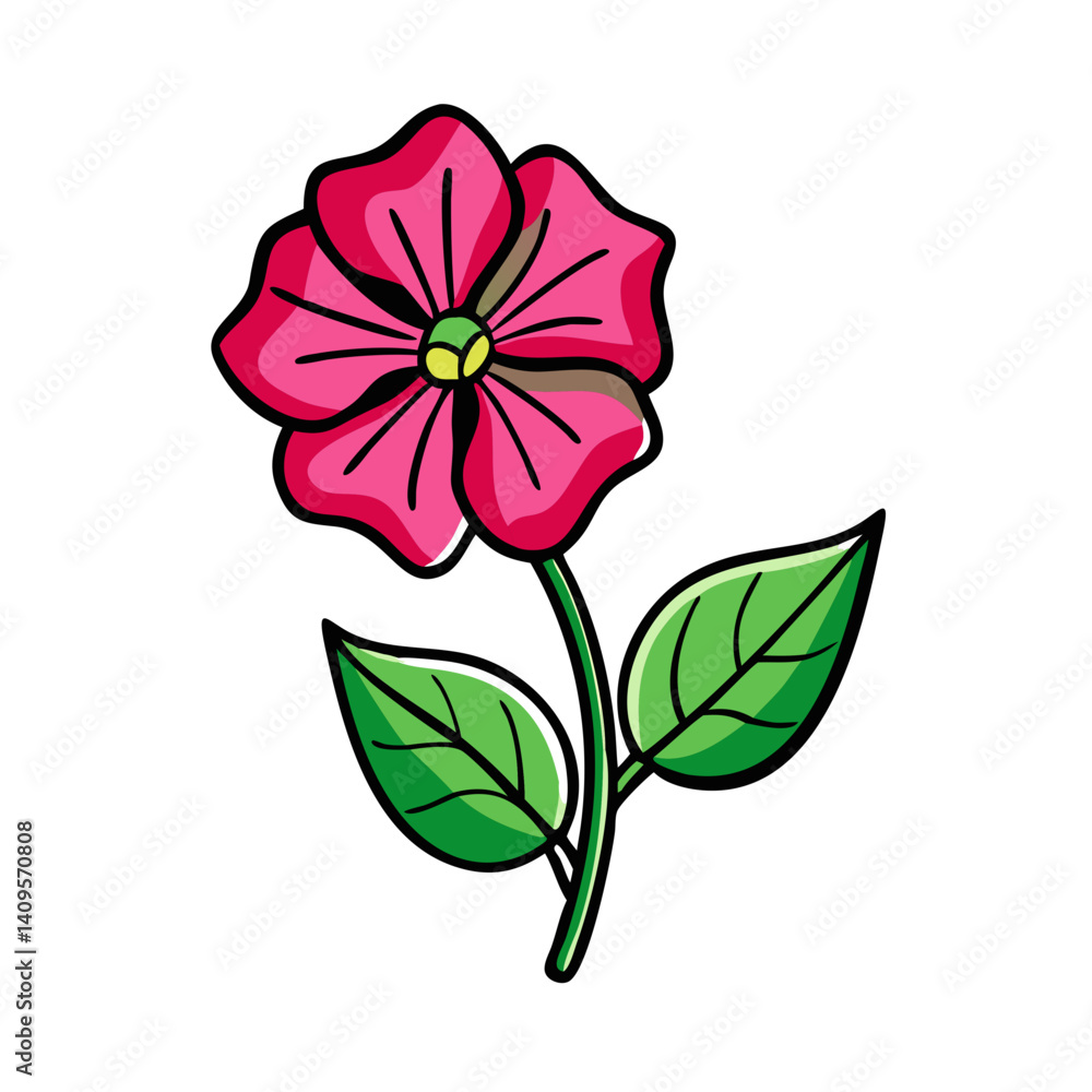 Bright Pink Flower on Stem, Vector Art, Isolated Bright Pink Flower on Stem, Vector Art, Isolated