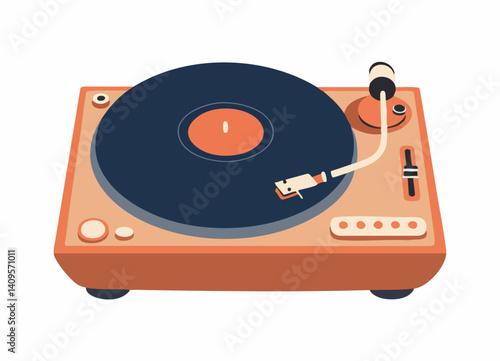 Vintage Turntable with Vinyl Record Isometric Illustration. Vector Image