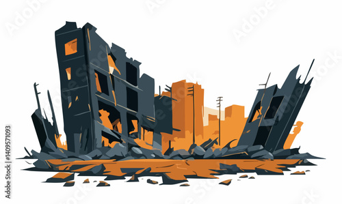 Urban Destruction Aftermath Scene Illustration. Vector Image