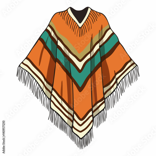Striped poncho with fringe detail. Vector Image