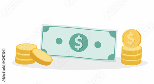 Stacks of Coins and a Banknote Illustration. Vector Image