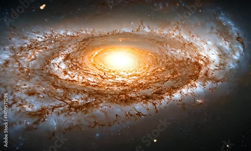 Stunning spiral galaxy illuminated by a bright core, surrounded by cosmic dust and stars