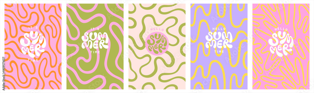 Deformed fluid uneven organic lines vector funky groovy maze backgrounds set. Hello summer hand lettering. Hippie doodle patterns collection. Uneven hand drawn wavy twisted liquid curved lines waves.