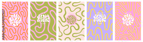 Deformed fluid uneven organic lines vector funky groovy maze backgrounds set. Hello summer hand lettering. Hippie doodle patterns collection. Uneven hand drawn wavy twisted liquid curved lines waves.