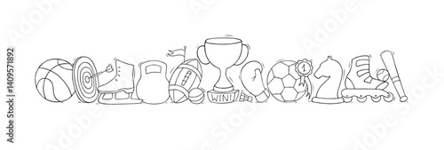 Doodle sports icons with ball, cup, dumbbell, football. Hand drawn banner with sport games and training equipment, vector illustration