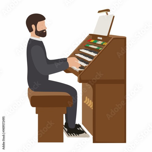 Man playing a pipe organ. Vector Image