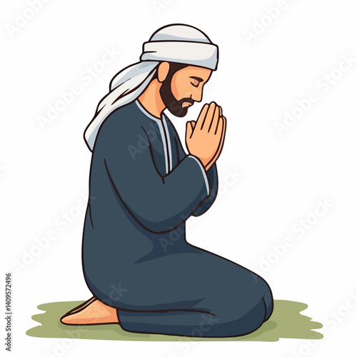 Man in traditional robe kneeling in prayer. Vector Image