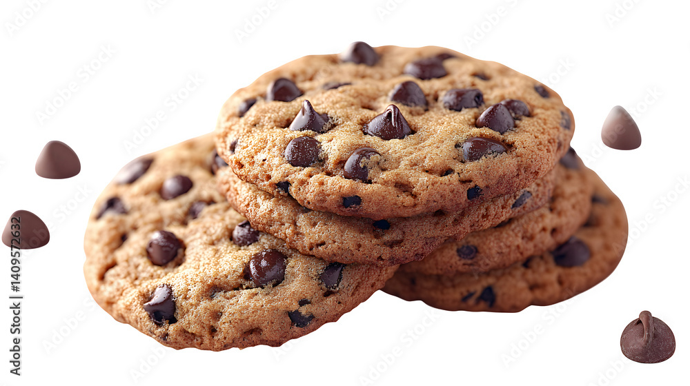 Stack of chocolate chip cookies isolated on white background, HD and realistic Stack of chocolate chip cookies isolated on white background, HD and realistic