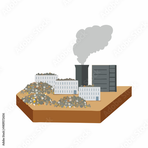 Industrial Wasteland with Buildings and Smoke Stack. Vector Image