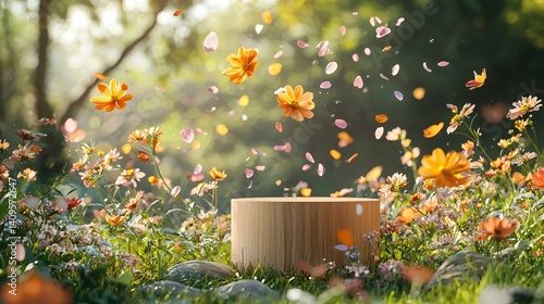 Wooden Platform Amidst Blooming Flowers and Falling Petals of excellence in splendor beyond compare