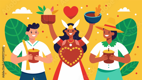 Locals don their festive attire ready to celebrate their love for feijoada and the communal spirit it brings.. Vector illustration